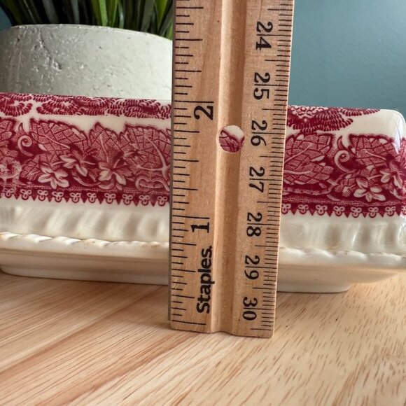 Vintage Masons Vista Red Pink Ironstone Covered Butter Dish England Landscape - Picture 11 of 12